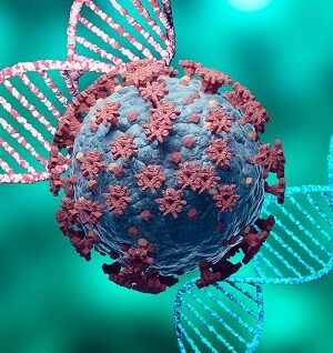 Coronavirus and DNA, virus mutation. New variant and strain of SARS CoV 2. Microscopic view.